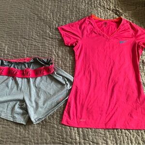 Nike Pink V-Neck Shirt and Gray Shorts Set